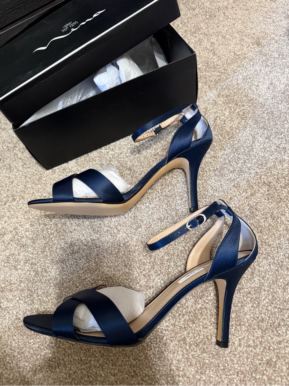 Nina Navy Satin Strappy Ankle-Strap Stilettos